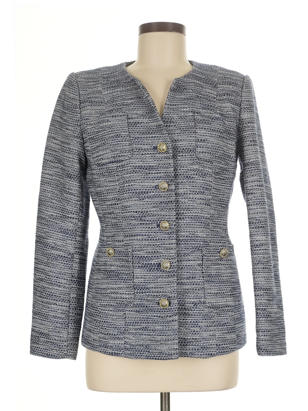 Karl Lagerfeld Paris Blue Tweed Blazer 8 Gold Button Collarless Preppy Jacket